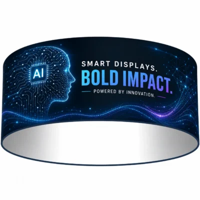 Circular Skybox fabric hanging display featuring a custom 'Smart Displays, Bold Impact' AI-themed graphic