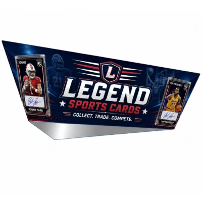 Tapered triangular Skybox fabric hanging display featuring a custom 'Legend Sports Cards' themed graphic