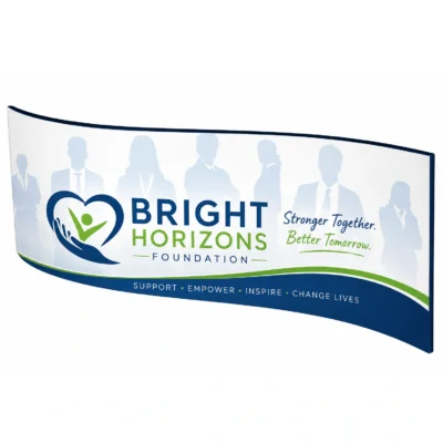 Wave-shaped Skybox fabric hanging display featuring a custom 'Bright Horizons Foundation' branded graphic
