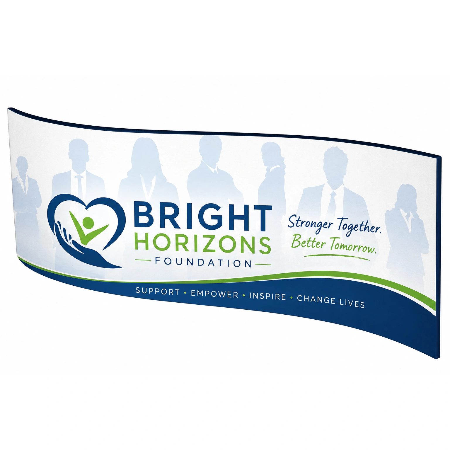 Wave-shaped Skybox fabric hanging display featuring a custom 'Bright Horizons Foundation' branded graphic