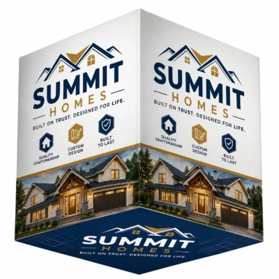 Cube Skybox fabric hanging display featuring a custom 'Summit Homes' branded graphic