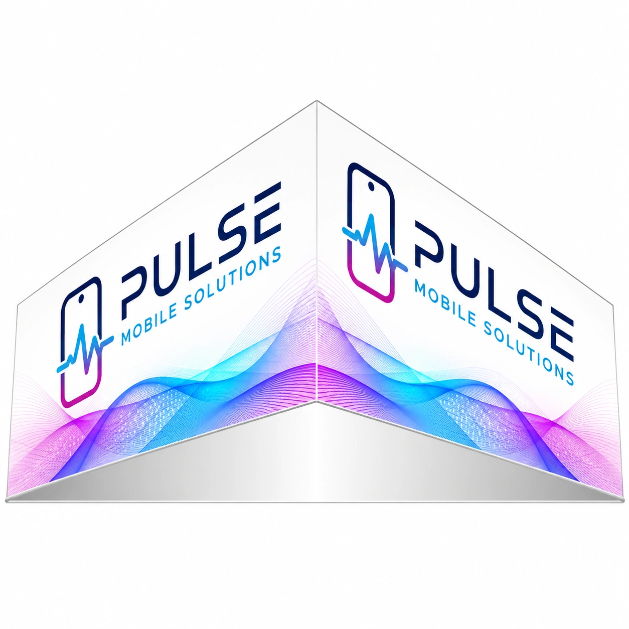 Triangular Skybox fabric hanging display featuring a custom 'Pulse Mobile Solutions' branded graphic