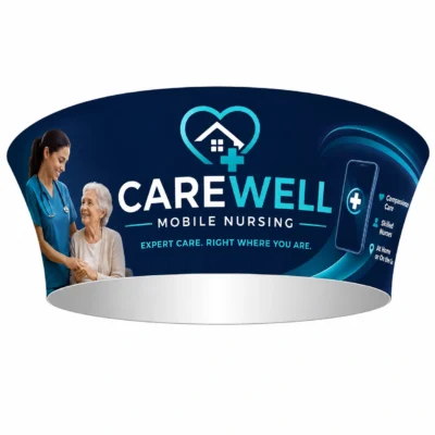 Tapered circular Skybox fabric hanging display featuring a custom 'Carewell Mobile Nursing' branded graphic
