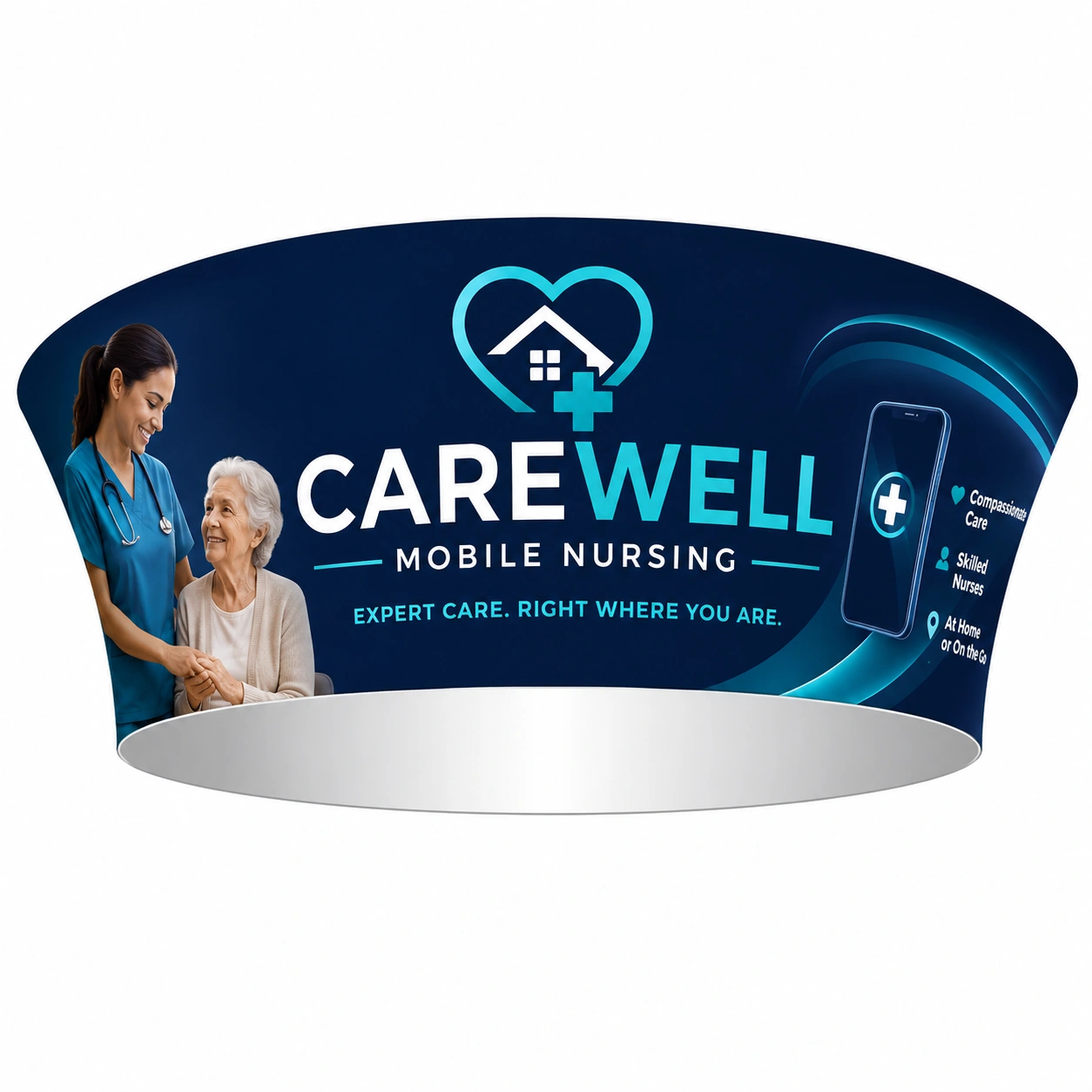 Tapered circular Skybox fabric hanging display featuring a custom 'Carewell Mobile Nursing' branded graphic