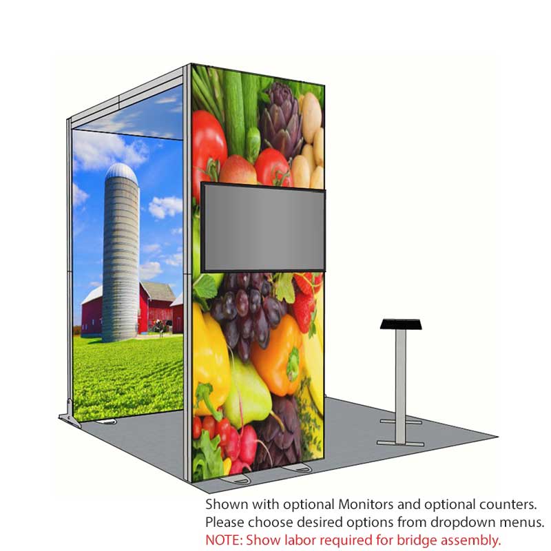 10ft Tall 118×118 Luminary Display with bridge on left and produce graphics