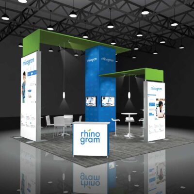 Featherlite sync illumination LED backlit trade show booth rental with overhead canopy