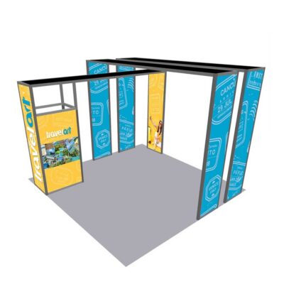 Large modular trade show booth display with multiple graphic panel walls