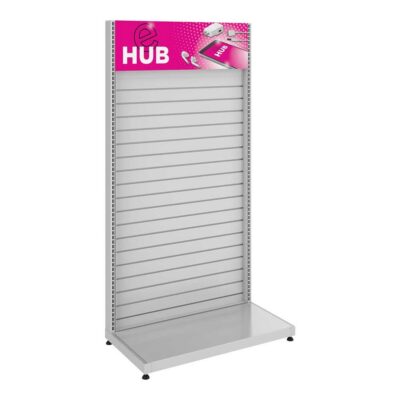 Single sided slatwall retail display fixture with header panel for merchandising