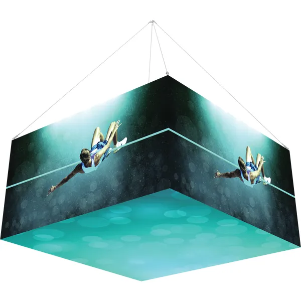 8Ft x 4Ft Backlit Square Hanging Structure suspended above a trade show booth with illuminated square fabric graphics