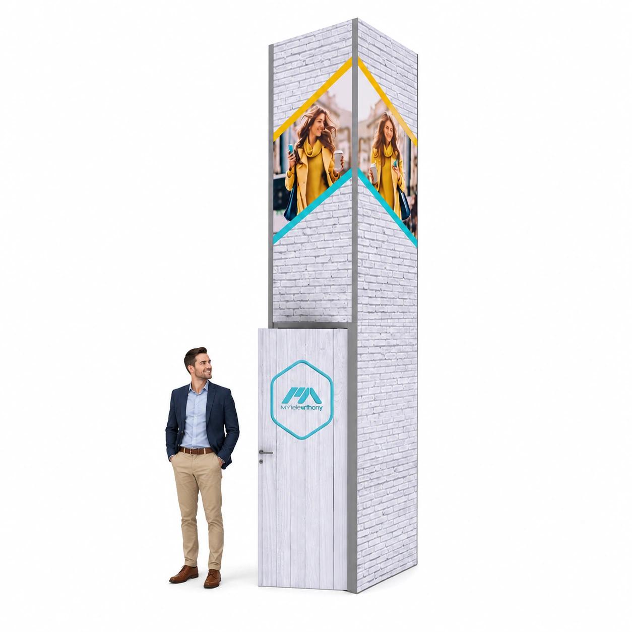 Modco 7 modular tower trade show display featuring a built-in doorway and custom fabric graphics