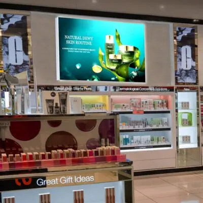 Igniter Wall Mounted Light Box Single-Sided 60" x 36" installed above a retail skincare display