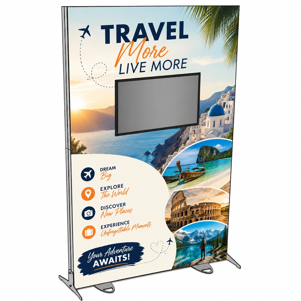 96x118 Igniter extra-wide freestanding backlit display with center-mounted TV screen and custom travel-themed fabric graphic