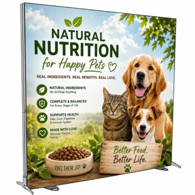 118x118 Igniter freestanding backlit trade show display featuring a custom 'Natural Nutrition for Happy Pets' fabric graphic.