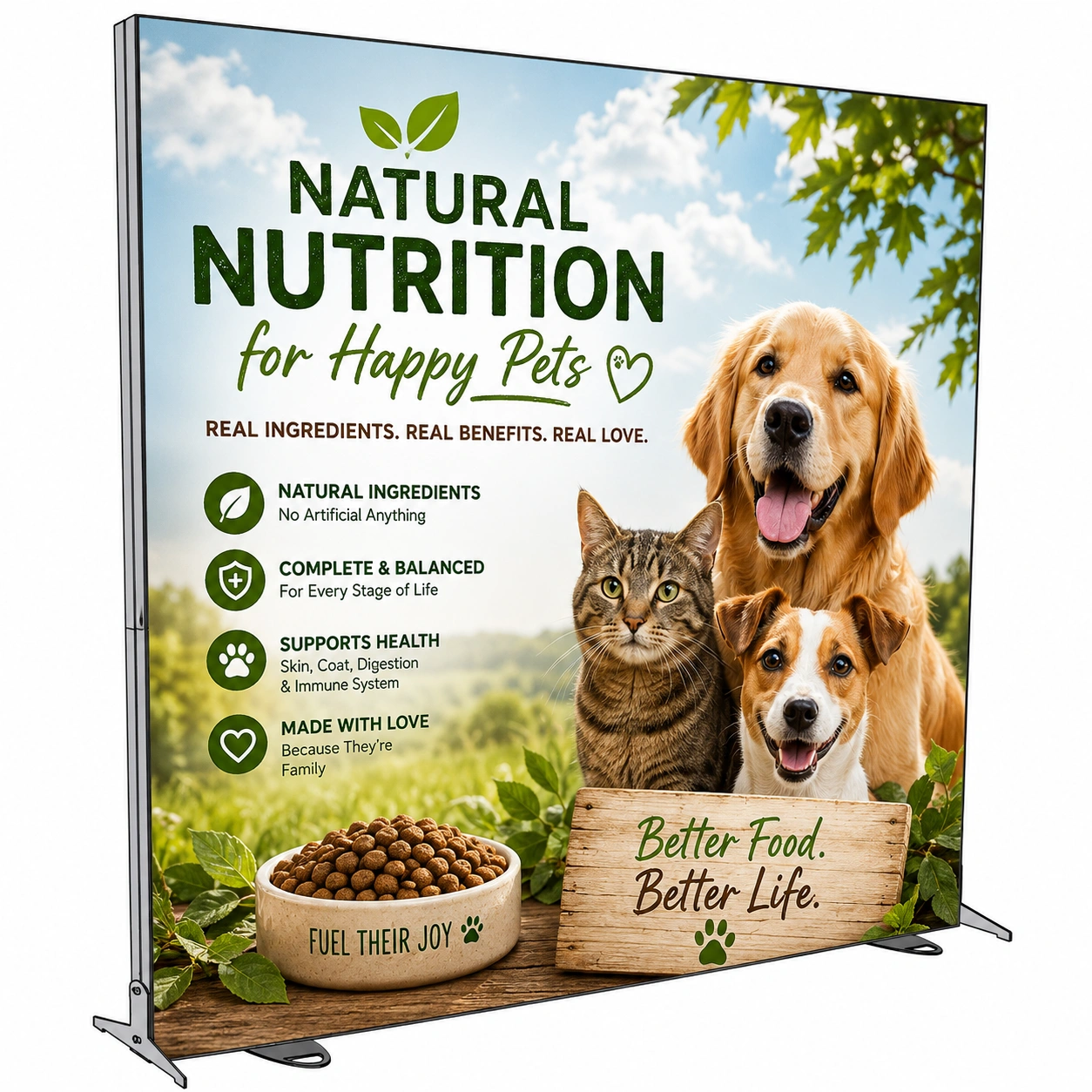 118x118 Igniter freestanding backlit trade show display featuring a custom 'Natural Nutrition for Happy Pets' fabric graphic.
