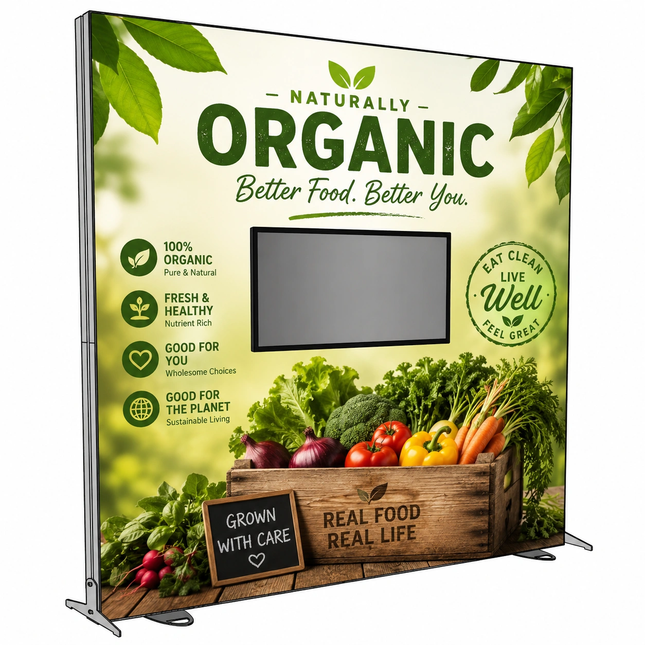 118x118 Igniter freestanding backlit trade show display with monitor mount and custom 'Naturally Organic' food theme graphic