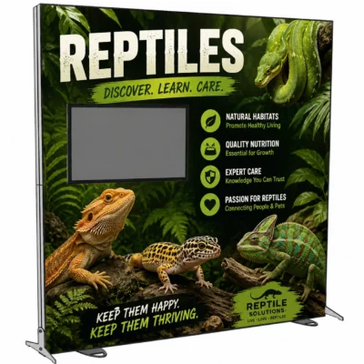 118x118 Igniter freestanding backlit trade show display with left-mounted monitor and custom 'Reptiles' educational fabric graphic