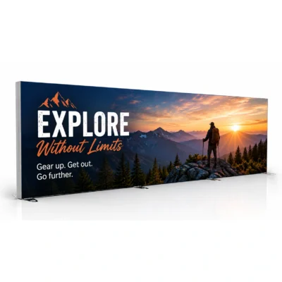 20ft Igniter freestanding backlit trade show display featuring a custom 'Explore Without Limits' adventure-themed fabric graphic