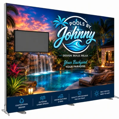 15ft Igniter freestanding backlit trade show display with left-mounted monitor and custom 'Pools by Johnny' branded fabric graphic