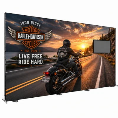 238x118 Igniter extra-wide freestanding backlit trade show display with right-mounted monitor and custom 'Iron Ridge Harley-Davidson' branded graphic