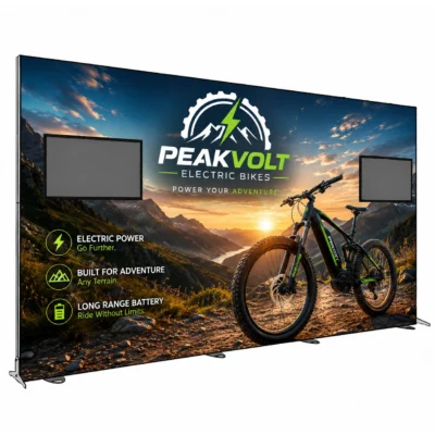 238x118 Igniter extra-wide freestanding backlit trade show display with dual monitor mounts and custom 'PeakVolt Electric Bikes' graphic