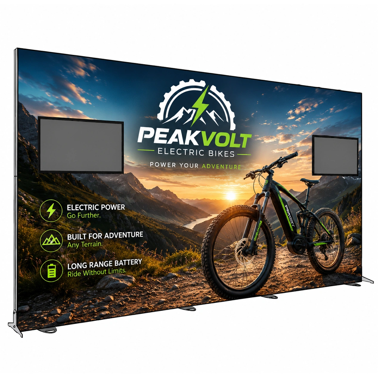 238x118 Igniter extra-wide freestanding backlit trade show display with dual monitor mounts and custom 'PeakVolt Electric Bikes' graphic
