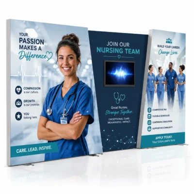 20ft Igniter angled backlit trade show display package featuring a custom 'Nursing Team' recruitment graphic