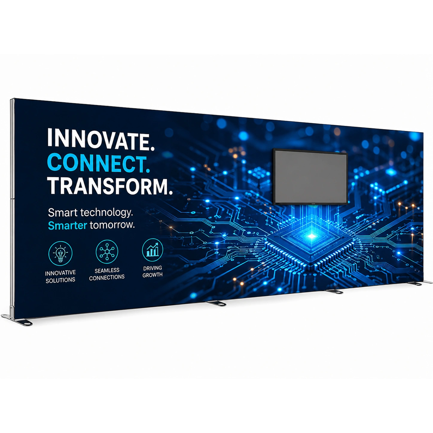 20ft Igniter freestanding backlit trade show display with center-mounted TV screen and custom technology-themed fabric graphic.