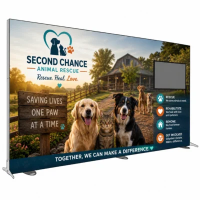 15ft Igniter freestanding backlit trade show display with right-mounted monitor and custom 'Second Chance Animal Rescue' fabric graphic.