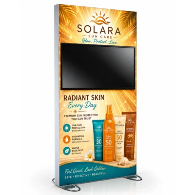 48x96 Igniter freestanding backlit trade show display with monitor mount and custom 'Solara Sun Care' fabric graphic
