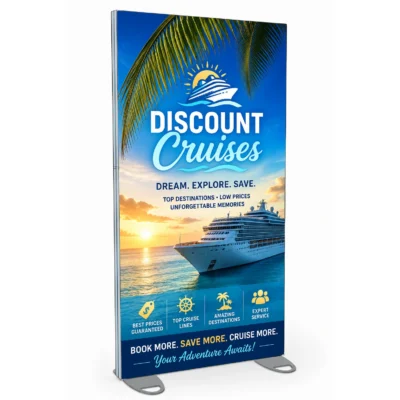 60x96 Igniter freestanding backlit trade show display featuring a custom 'Discount Cruises' travel-themed fabric graphic
