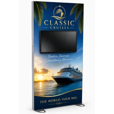 60x96 Igniter freestanding backlit trade show display with monitor mount and custom 'Classic Cruises' travel-themed fabric graphic