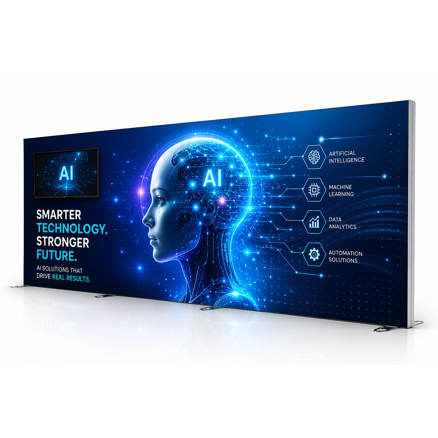 20ft Igniter freestanding backlit trade show display with left-mounted TV screen and custom artificial intelligence theme fabric graphic.