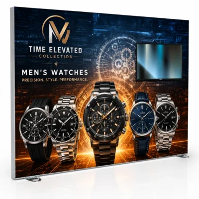 118x96 Igniter freestanding backlit trade show display with right-mounted monitor and custom 'Time Elevated' watches fabric graphic