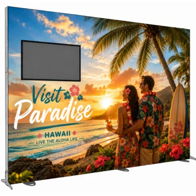 15ft Igniter freestanding backlit trade show display with monitor mount and custom 'Visit Paradise Hawaii' travel-themed fabric graphic