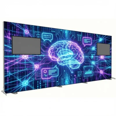 238x96 Igniter freestanding backlit trade show display with dual monitor mounts and custom 'Digital Brain' technology-themed fabric graphic