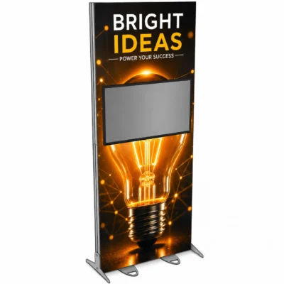 48x118 Igniter vertical freestanding backlit display with integrated monitor mount and custom 'Bright Ideas' fabric graphic.