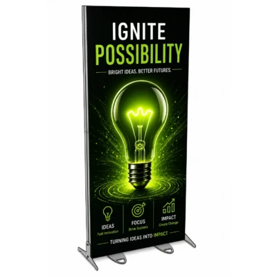 60x118 Igniter wide vertical freestanding backlit display featuring a custom 'Ignite Possibility' light bulb graphic